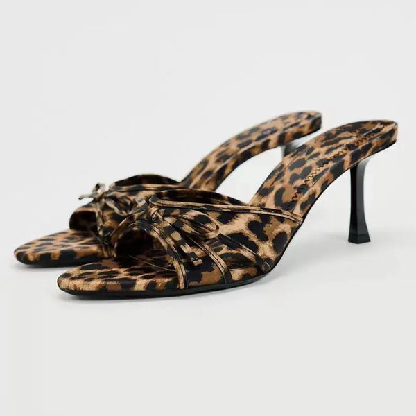 Elegant Leopard Print Bow Knot High Heel Mules for Women